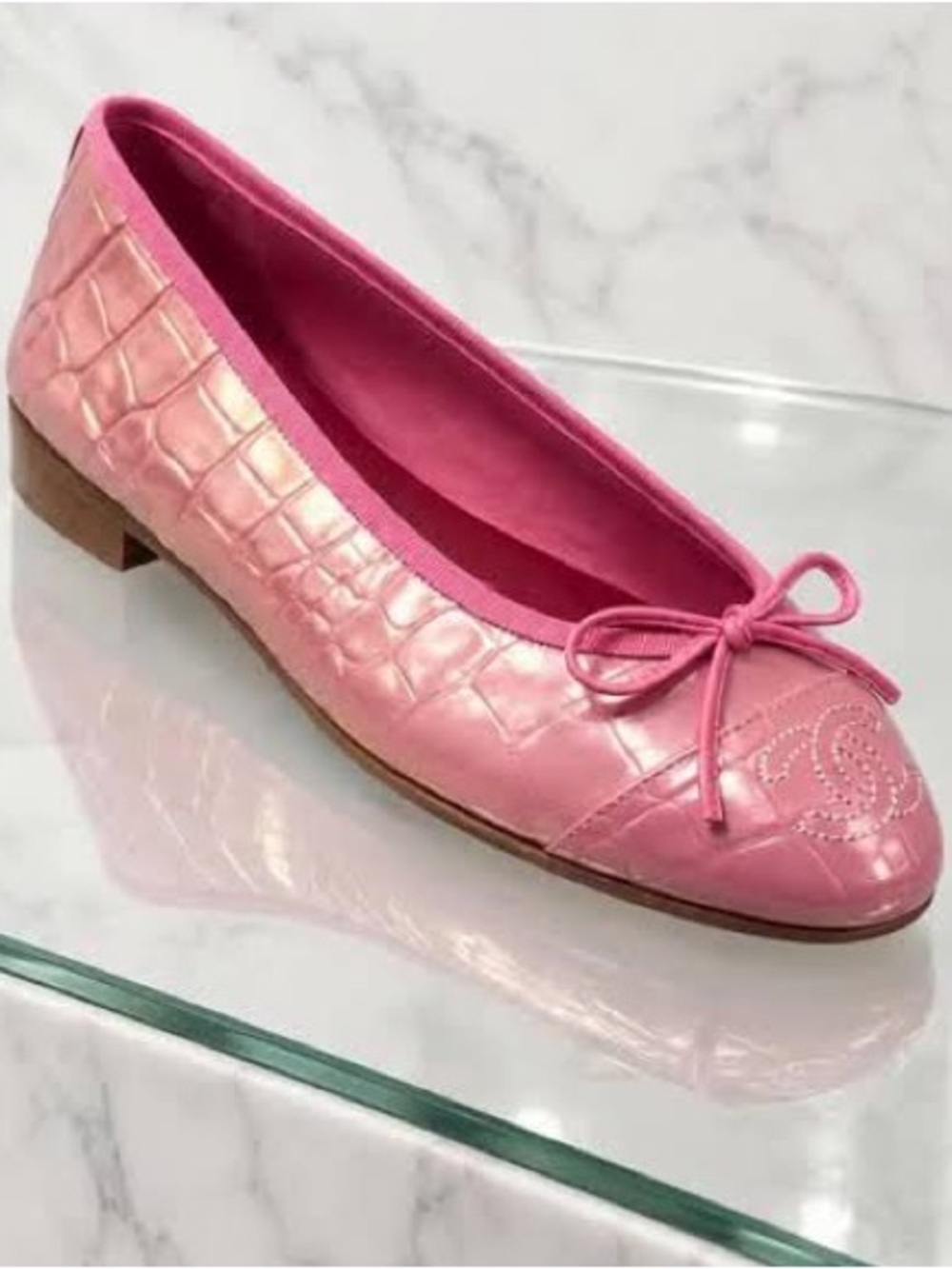 CHANEL Pink Quilted Croc-Embossed Leather Ballet Flat with Bow